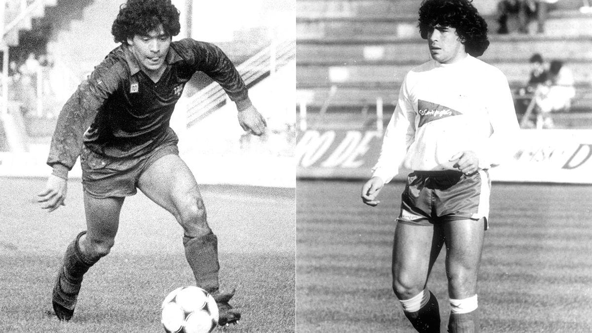 Maradona con el Barça en 1983 y al lado, en el partido de A.F.E, ese mismo año