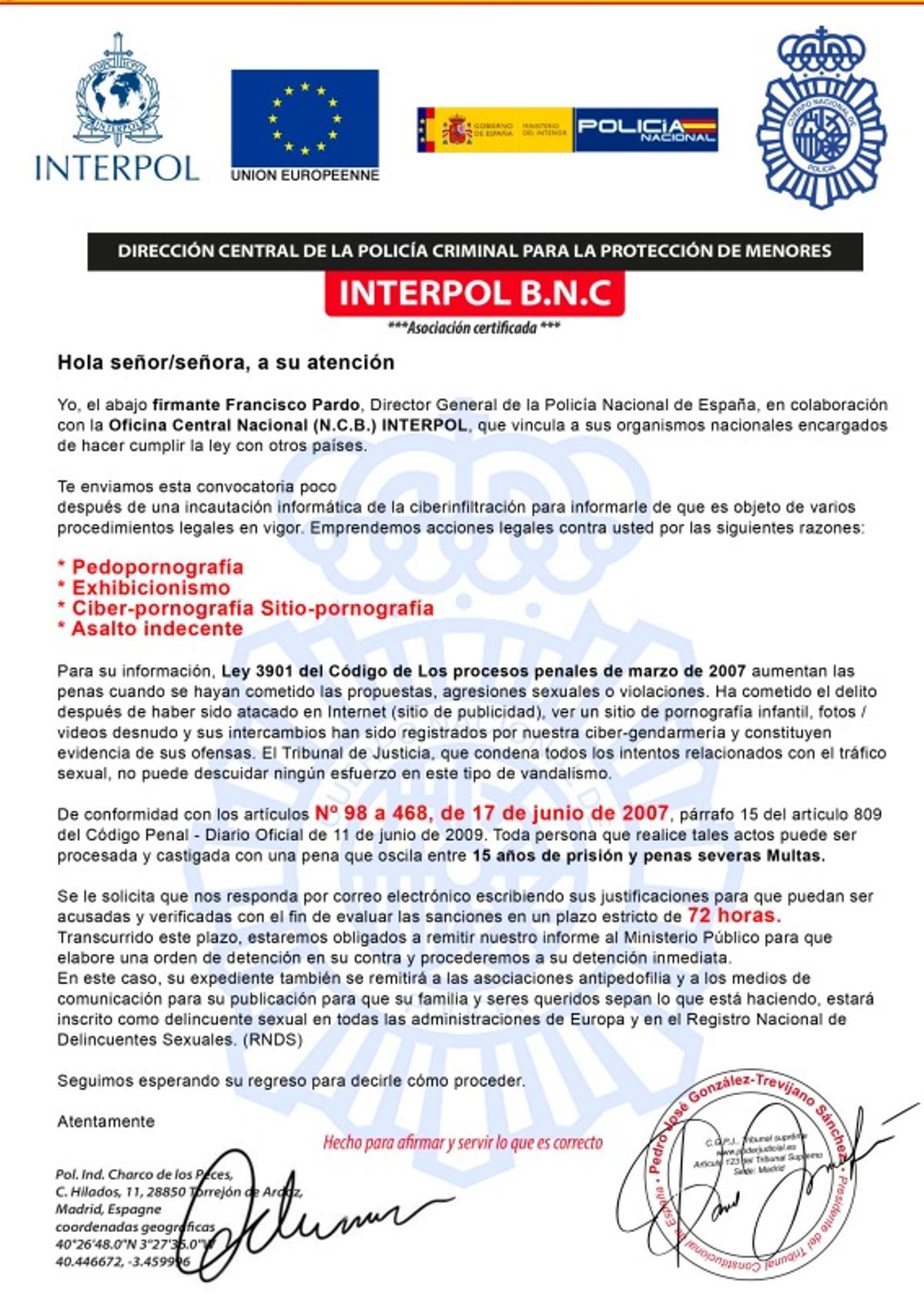 Comunicado de la Interpol.