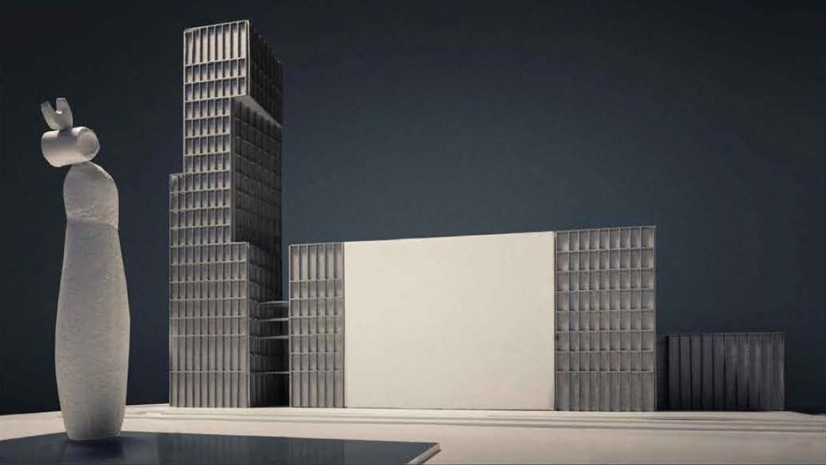 Maqueta del diseño de la torre pendiente de construir y el aspecto de la manzana de la calle Tarragona situada frente a la escultura Dona i ocell, en Barcelona.