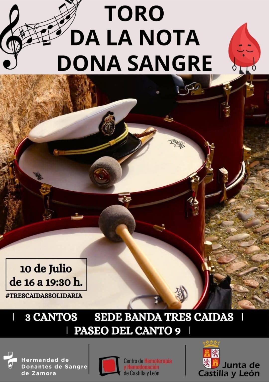 Cartel que anuncia la jornada de donación de sangre en la sede de la Banda "Tres Caídas" de Toro.