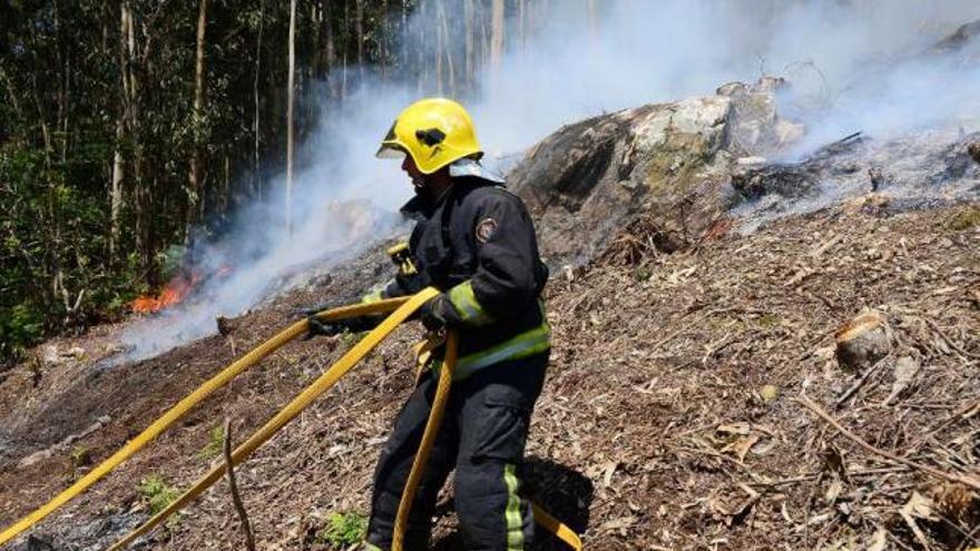 Un bombero trata de apagar el fuego registrado en Serra Poniente la semana pasada.  // Gonzalo Núñez