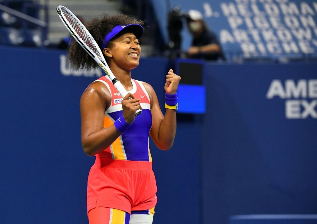 Sep 10, 2020; Flushing Meadows, New York, USA; Naomi Osaka of Japan reacts after winning the match against Jennifer Brady of the United States in the women’s singles semifinals match on day eleven of the 2020 U.S. Open tennis tournament at USTA Billie Jean King National Tennis Center. Mandatory Credit: Robert Deutsch-USA TODAY Sports