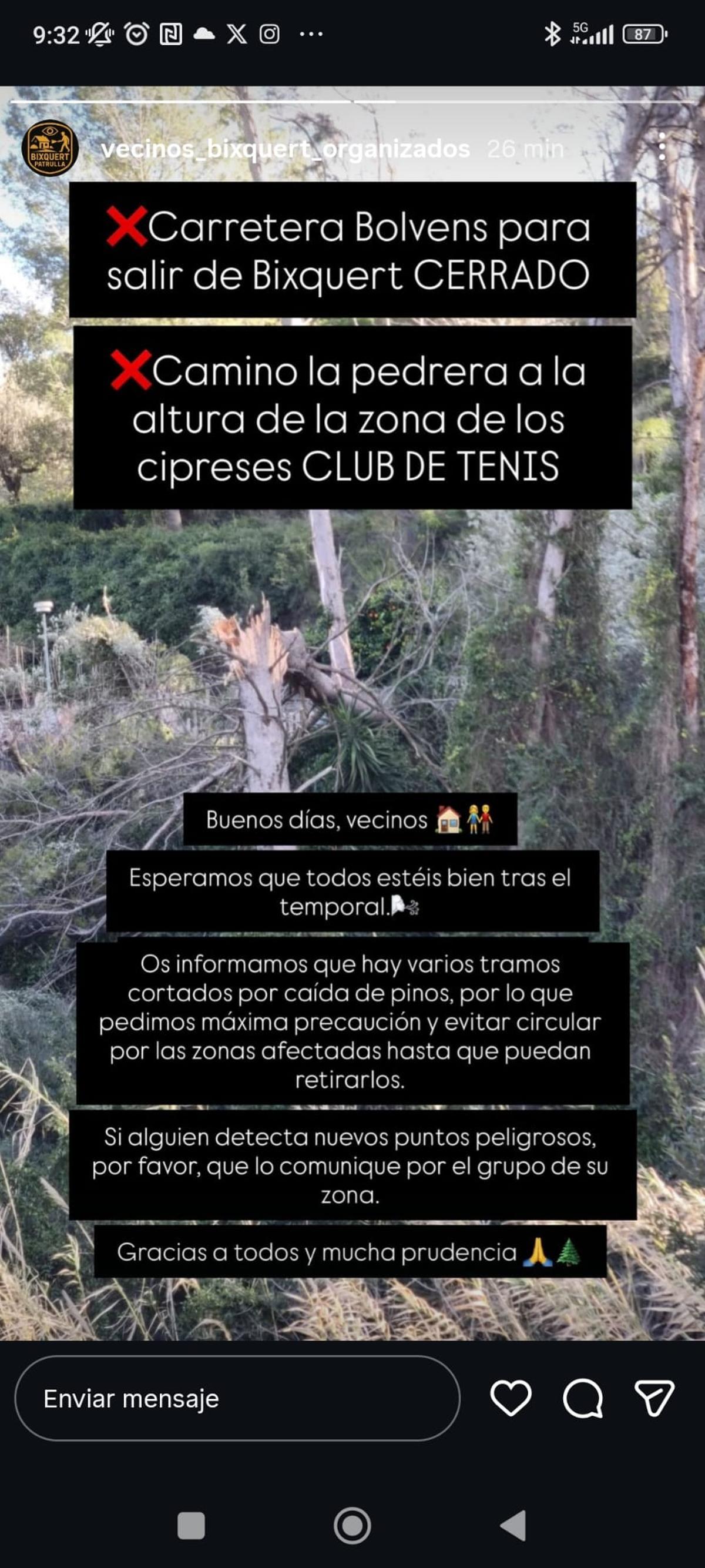 Mensaje de aviso sobre los caminos cortados compartido por los vecinos de Bixquert.