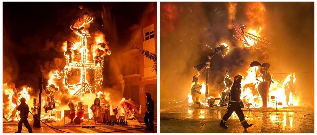 Las fallas ganadoras en cada municipio, cubiertas de fuego. A la izquierda, la de Don Bosco (Burriana) y a la derecha, la de Mercat Vell (Benicarló).