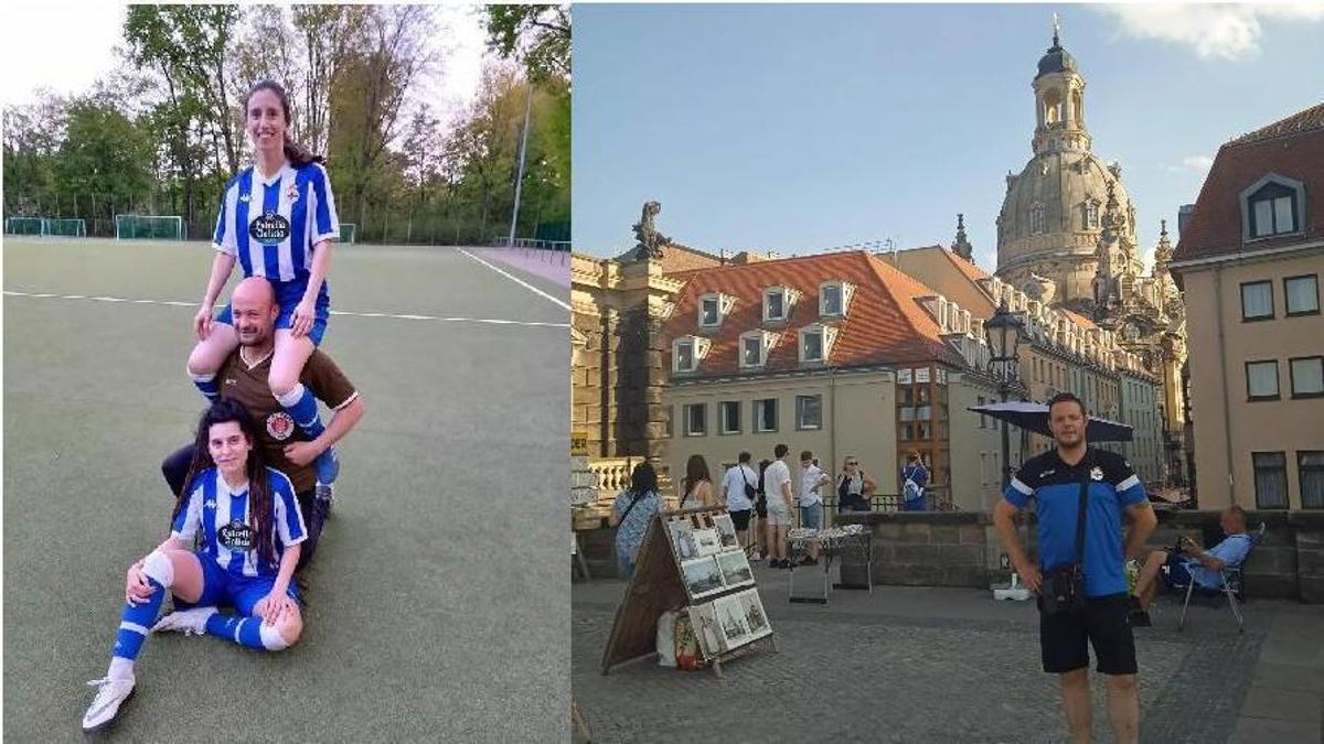 Ana del Valle, coa camiseta do Deportivo, e o seu amigo Alberto, coa do St. Pauli, nun adestramento do Deportivo Latino en Berlín; e Juan Álvarez, con roupa do Deportivo nunha visita á Frauenkirsche de Dresde..