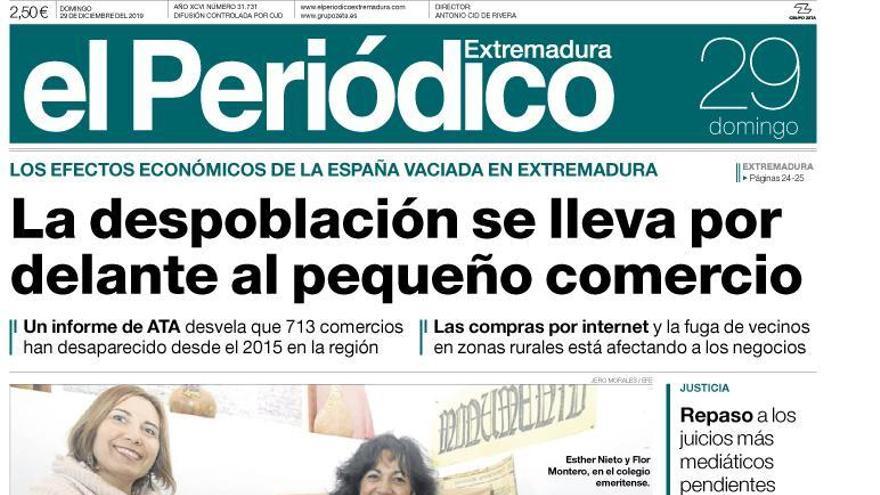 Esta es la portada de EL PERIÓDICO EXTREMADURA correspondiente al día 29 de diciembre del 2019