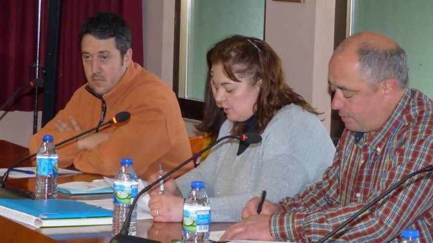 Por la izquierda, Pedro González, Montse Fernández -en la lectura de la propuesta- y Faustino Menéndez, todos ellos concejales del PP, ayer, en el Pleno tinetense.