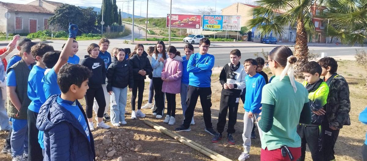 Los alumnos del CEIP Nuestra Señora de las Mercedes participan en una jornada de plantación de árboles en el Parque de la Estación de Puebla de Soto.