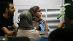 An Iranian woman watch a football match with her friends at a cafe in Tehran, Iran September 15, 2019. Picture taken September 15, 2019. Nazanin Tabatabaee/WANA (West Asia News Agency) via REUTERS   ATTENTION EDITORS - THIS IMAGE HAS BEEN SUPPLIED BY A THIRD PARTY.