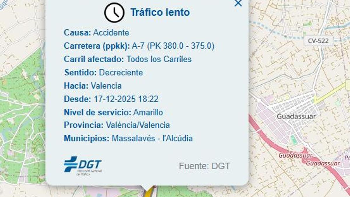 Aviso del accidente en la DGT.