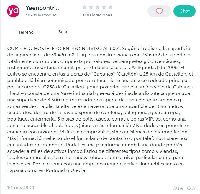 Descripción de la nave industrial en el anuncio de Wallapop.