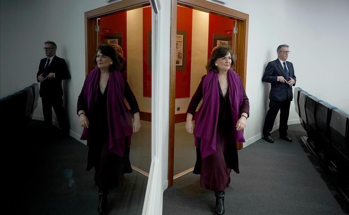 Comparecencia de la vicepresidenta Carmen Calvo, en el Palacio de la Moncloa, para defender la figura del ’relator’.