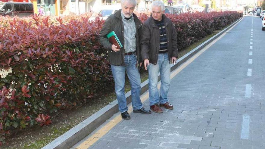 Cristóbal Lapuerta y Eduardo Ferreiro señalan un hundimiento junto a las fotinias de la avenida de Oviedo.