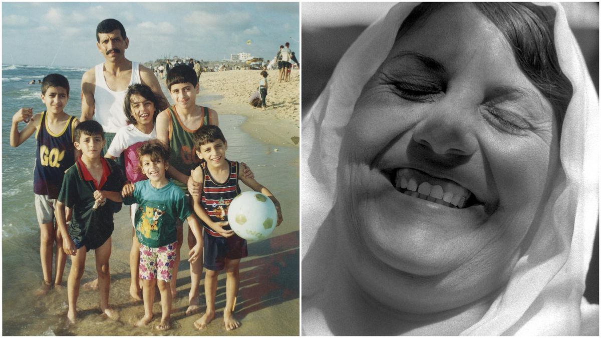 A la izquierda, Saleem Dawood Azar, junto a niños de la familia Azar, en la playa de Gaza, en los años 90. A la derecha, mujer en el campo de refugiados de Dheisheh, cerca de Belén, en 1987.