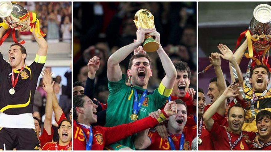 Casillas levanta los trofeos de la Eurocopa 2008, el Mundial 2010 y la Eurocopa 2012