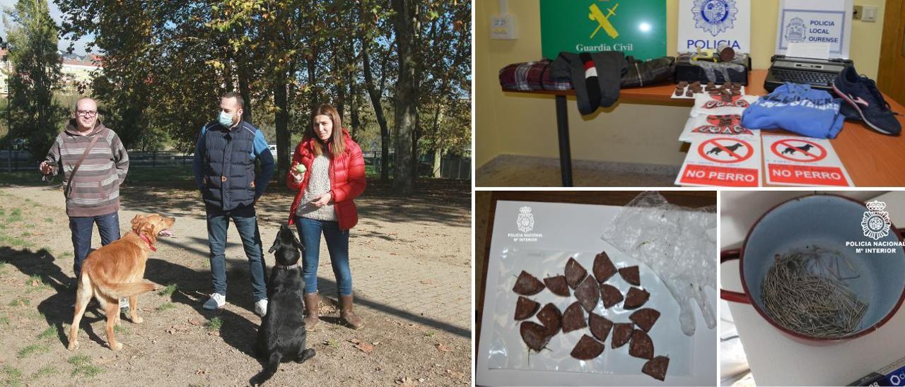 Un grupo de propietarios de mascotas, ayer, en el parque canino del Puente Viejo, uno de los lugares donde pusieron cebos. A la derecha, material incautado al detenido. // IÑAKI OSORIO