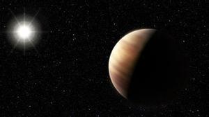 Impresión artística que muestra un gemelo de Júpiter, gigantesco y gaseoso, orbitando un objeto solar.
