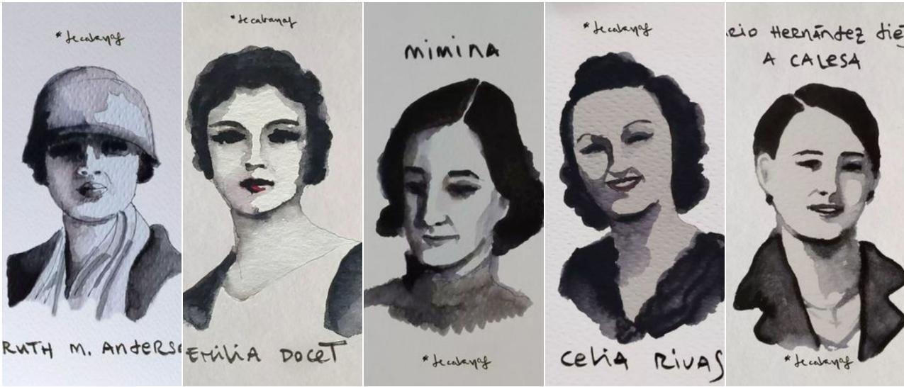 Cinco de las ilustraciones de Rosa de Cabanas para la exposición &quot;Mulleres Valentes&quot;.