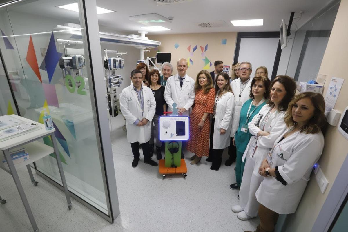 Foto de familia de responsables sanitarios y de las fundaciones en un bóxer, que han colaborado en el proyecto Cromosono de la uci pediátrica del Reina Sofía.