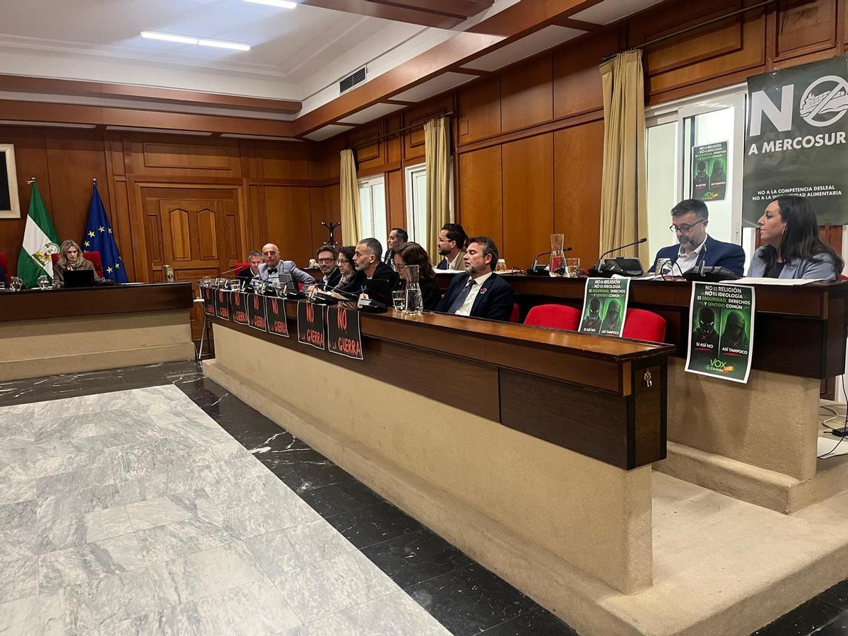 Carteles de 'No a la guerra' y 'No a Mercosur' en el salón de plenos.