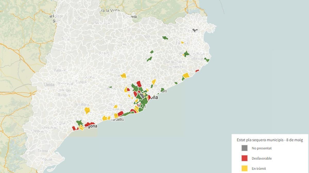 Mapa dels ajuntaments obligats a presentar plans d'emèrgencia contra la sequera.