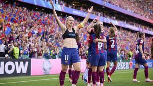 Alexia Putellas celebra uno de los dos goles que otorgó el título al F.C. Barcelona.