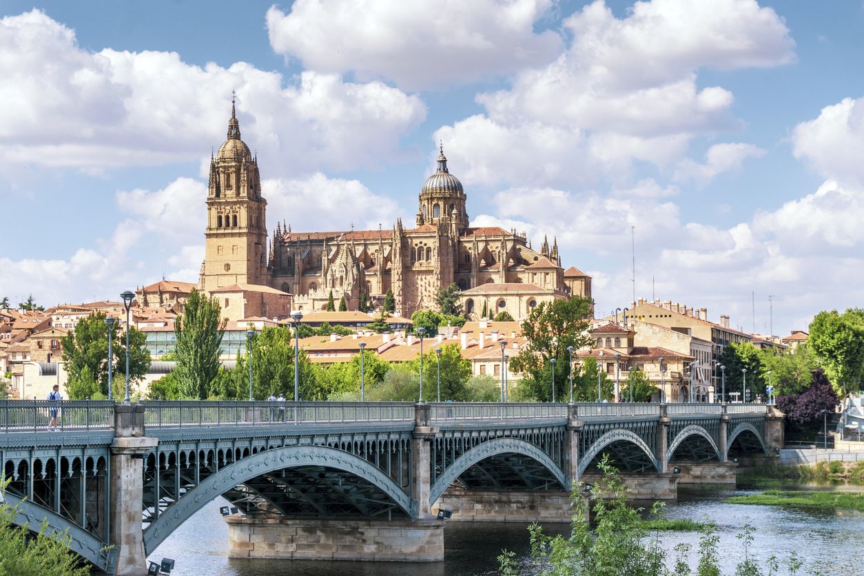Salamanca con puente sobre el río Tormes.