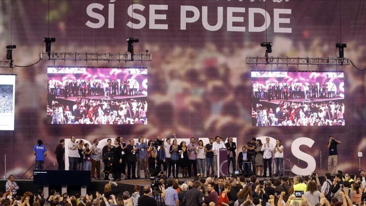 Primera asamblea ciudadana de Podemos, en Vistalegre (Madrid), el 18 de octubre de 2014.