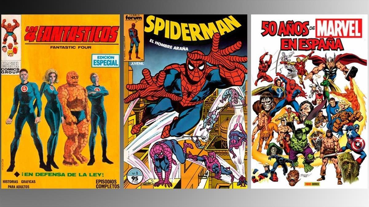 Primera portada de Vértice, una de Forum y el volumen de Panini '50 años de Marvel en España'.