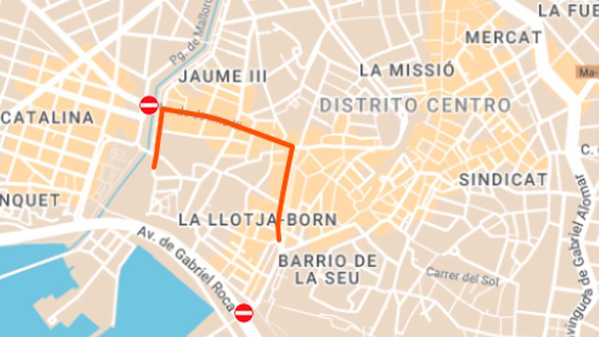 Mapa de calles cortadas este lunes en Palma