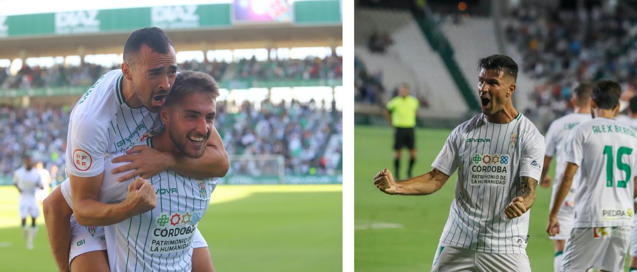 Miguel de las Cuevas, Antonio Casas y Willy Ledesma celebran goles con el Córdoba CF.