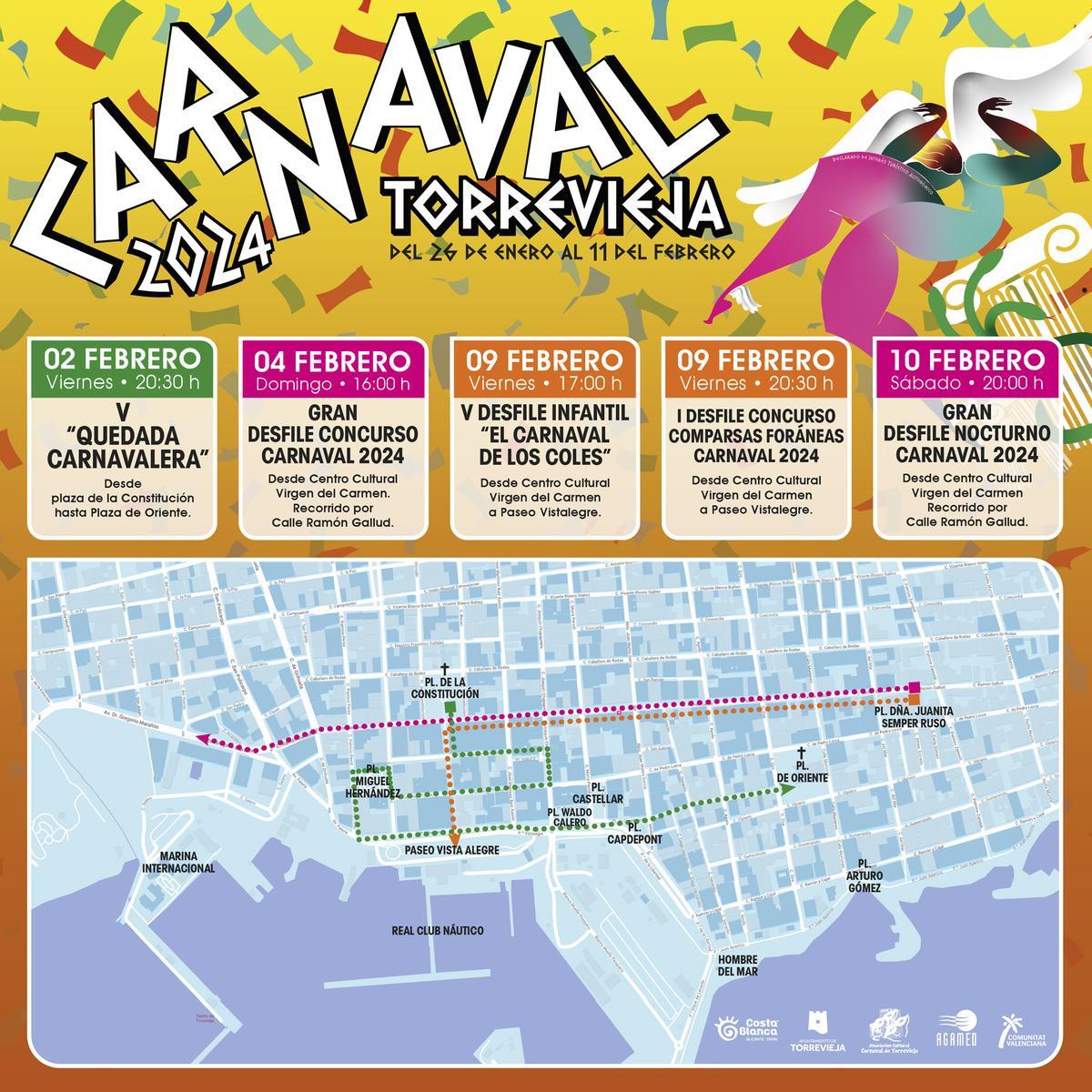 Recorrido de los desfiles previstos en la programación de Carnval 2024