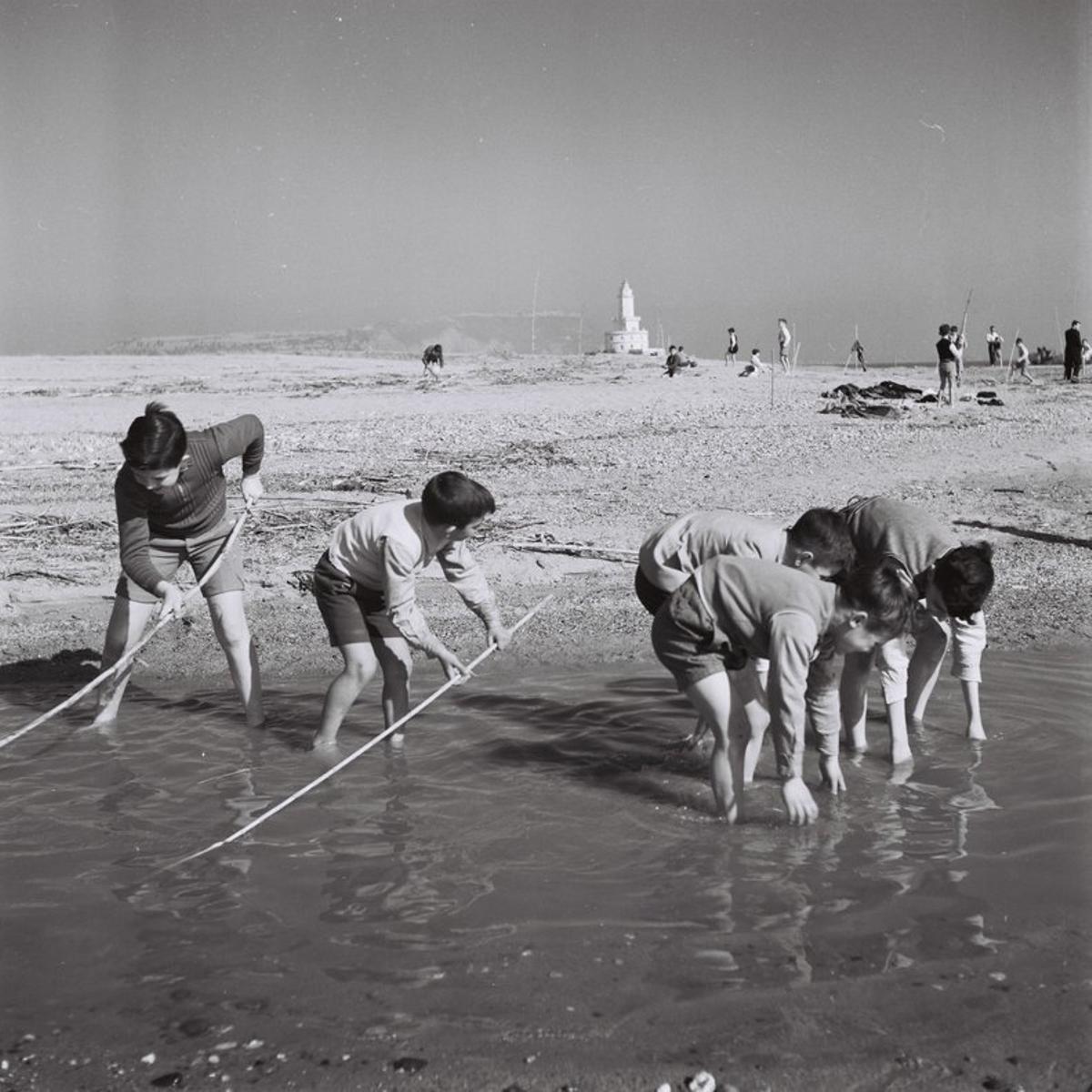 En la playa de Can Tunis había balnearios, merenderos e incluso arena blanca. Fue accesible, aunque con un aspecto más precario que a principios de siglo,  hasta que a finales de los 60 el puerto empezó su expansión y la sepultó bajo el Moll del Príncep d’Espanya. En la imagen, unos niños pescando. 