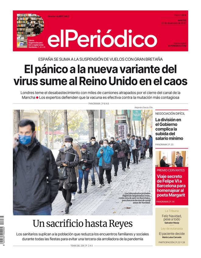 La portada d’EL PERIÓDICO del 22 de desembre del 2020