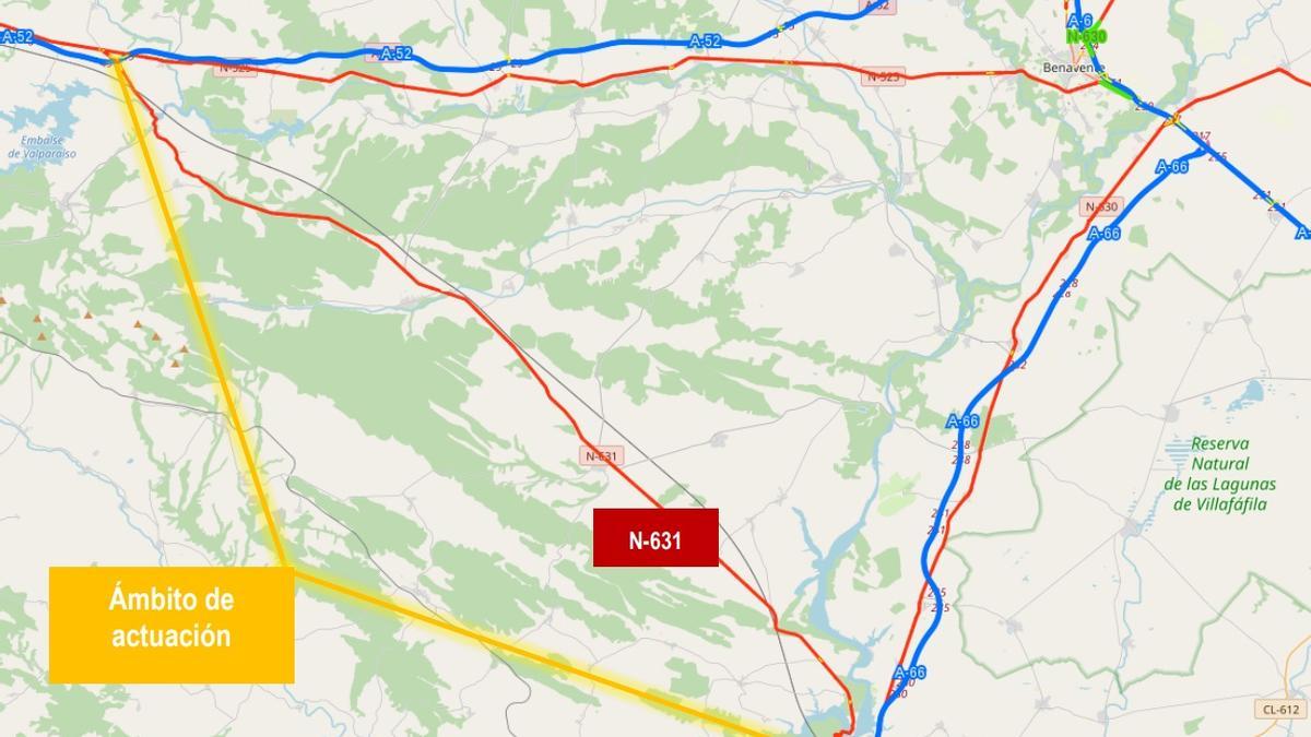 Mapa del tramo de la carretera N-631 que será arreglada