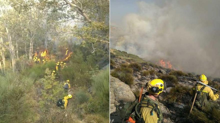 Medios aéreos y terrestres luchan contra un incendio en Garganta la Olla y Aldeanueva de la Vera