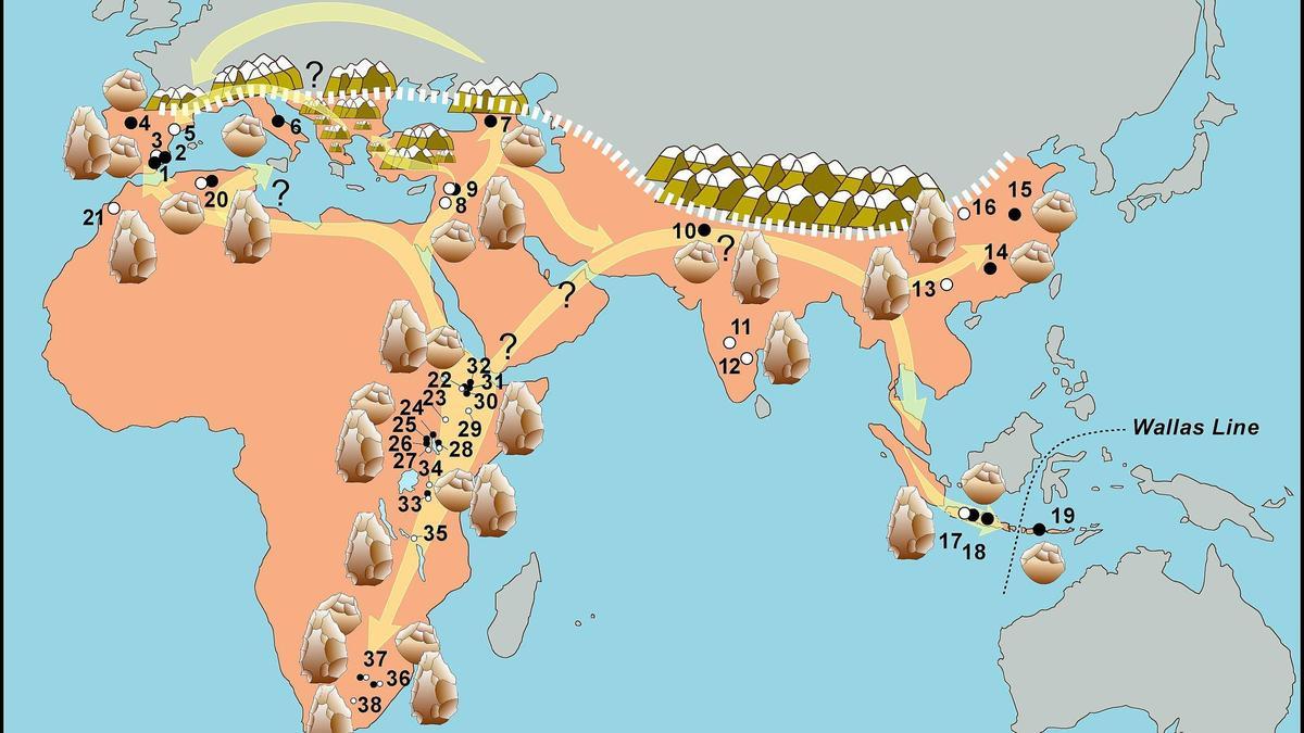 Yacimientos clave fechados que muestran la distribución mundial de los homínidos antes de 1 Ma (color naranja) y las posibles rutas de dispersión.