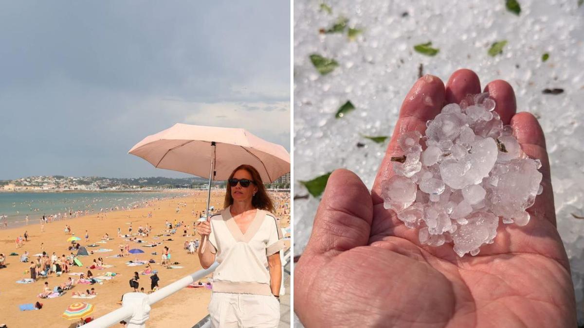 A la izquierda, la playa de San Lorenzo de Gijón este miércoles y a la derecha, granizo.