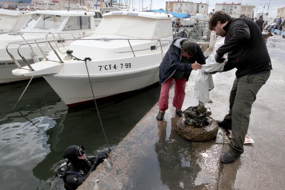 Buceadores limpian la basura del fondo del puerto de Cabo de Palos