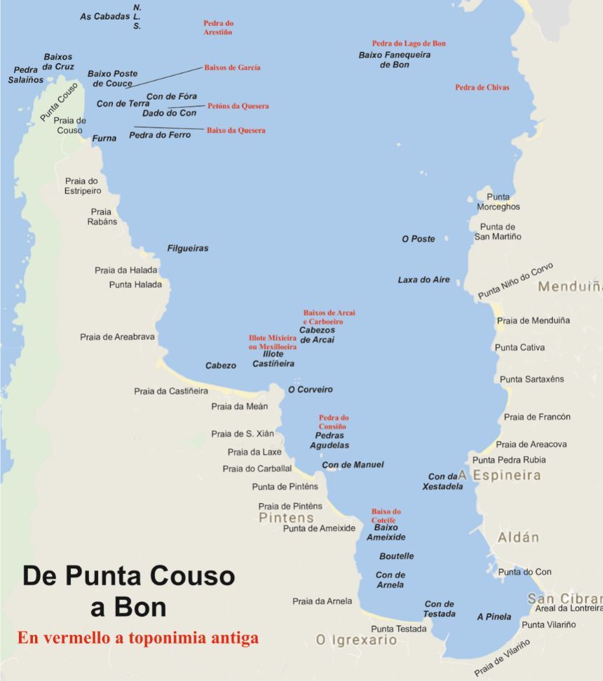 Mapa coa toponimia desde Punta Couso a Bon