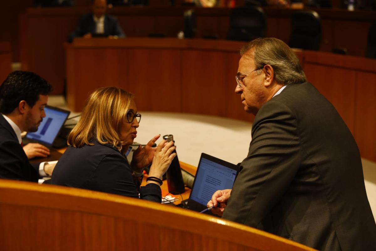 La portavoz socialista, Mayte Pérez, con el exconsejero de Hacienda, Carlos Pérez Anadón, en el pleno.