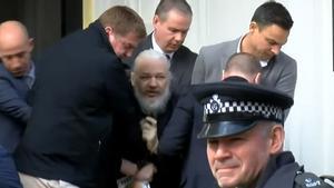 Assange, en el momento en que es sacado a rastras de la embajada de Ecuador en Londres.