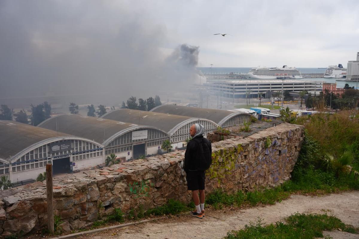El incendio de unos contenedores en el puerto de Barcelona, visto desde la montaña de Montjuïc.