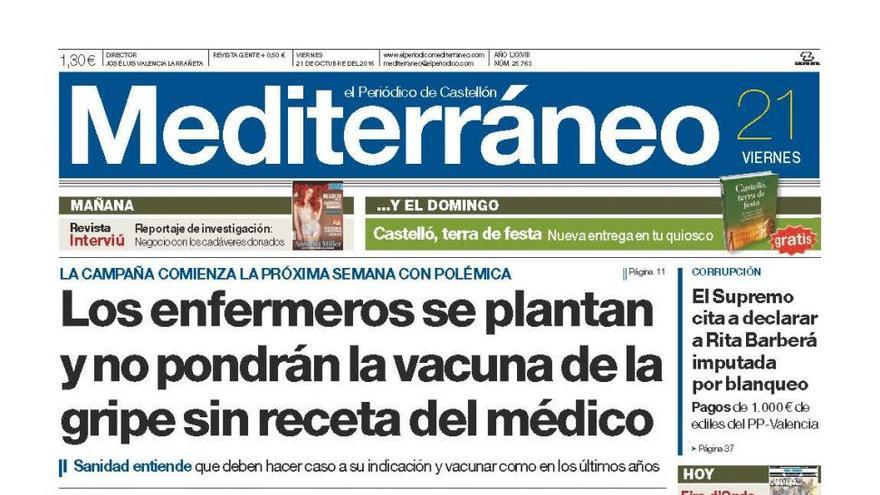 Los enfermeros se plantan y no pondrán la vacuna de la gripe sin receta médica, en la portada de Mediterráneo