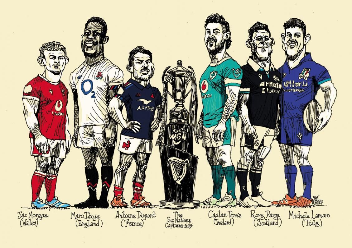 Ilustración de Pepe Farruqo, de los capitanes del Seis Naciones 2025 posando con el trofeo