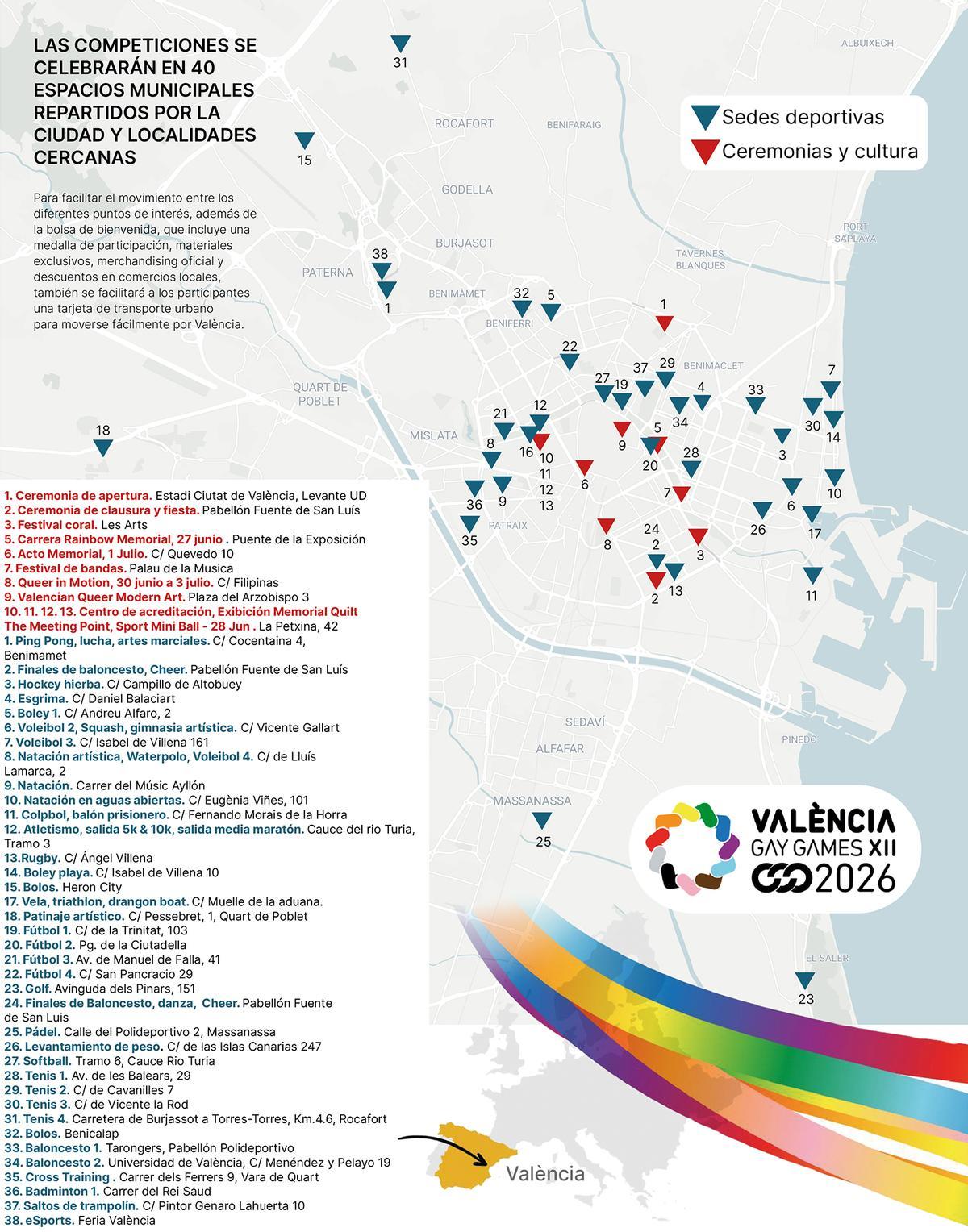 Mapa de los lugares en los que se celebrarán los Gay Games 2026