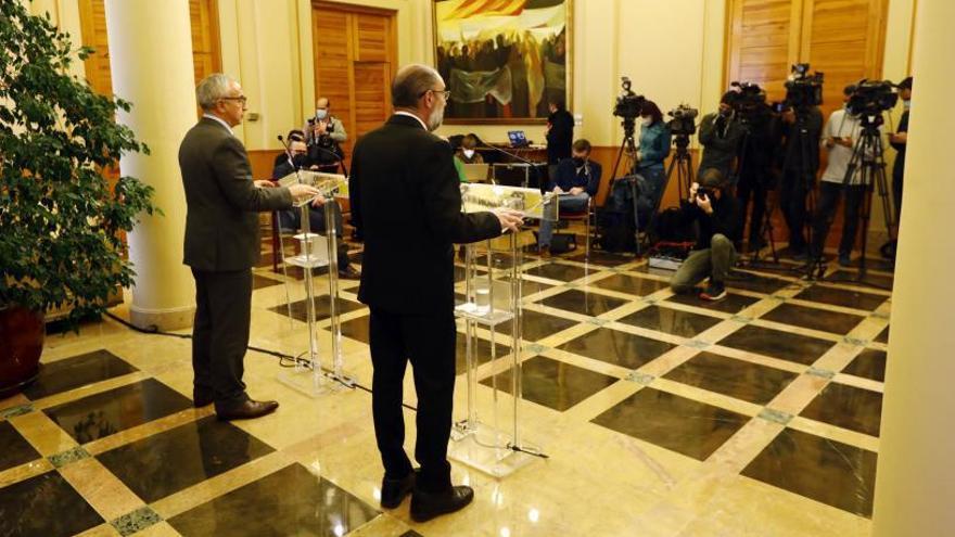 Comparecencia de Alejandro Blanco y Javier Lambán el pasado martes en la sala de Columnas del Pignatelli.