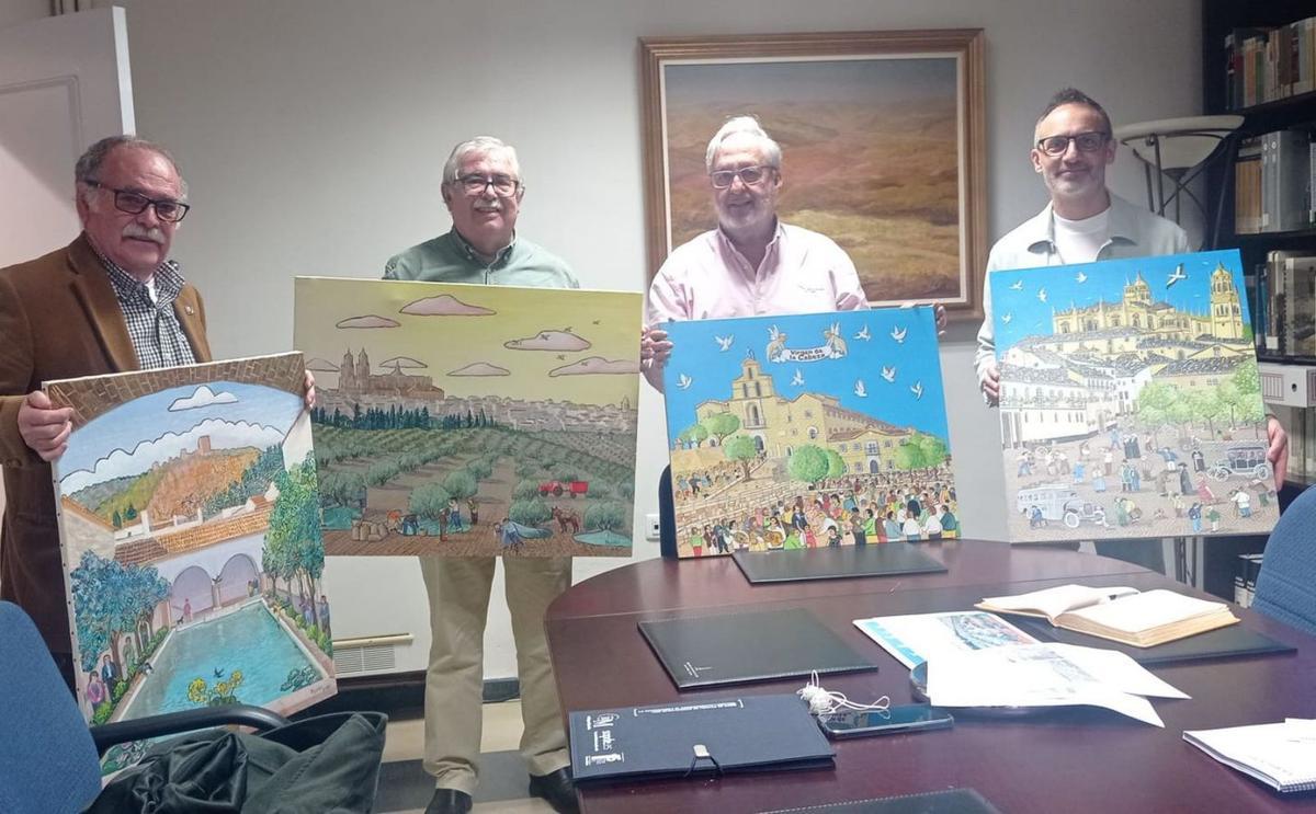 Los dos pintores de Málaga, con sus cuadros y responsables de Jaén de Cultura y del Museo de Arte Naif. | LA OPINIÓN