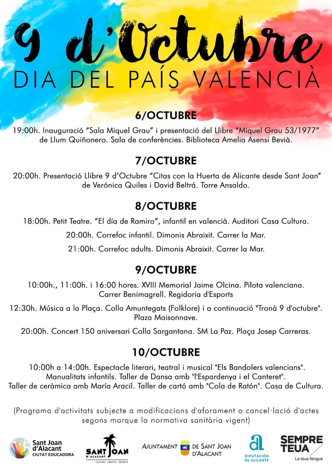 Cartel con los actos del 9 d´Octubre en Sant Joan d´Alacant