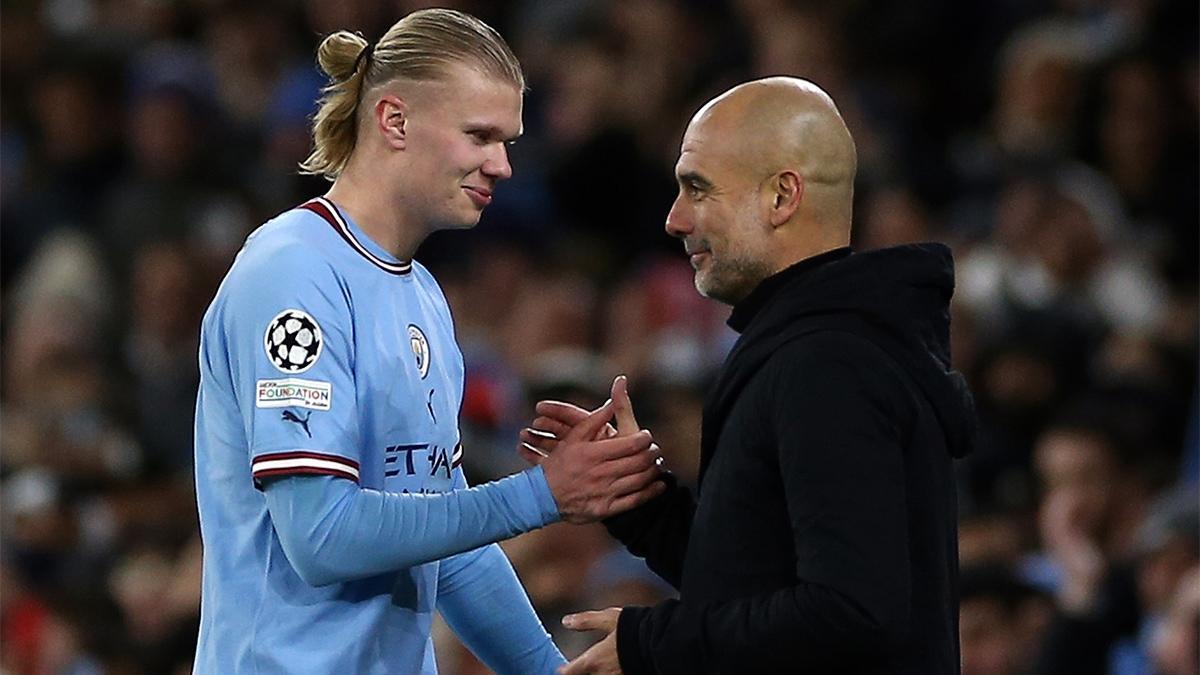 Haaland y Pep Guardiola se dan la mano